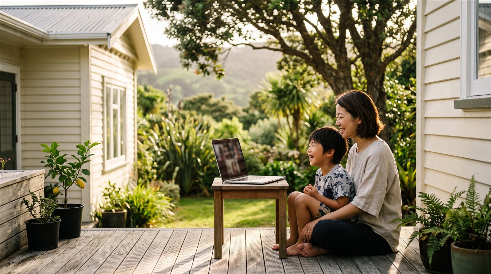 An Auckland parent and child at a laptop during an evening online Japanese lesson