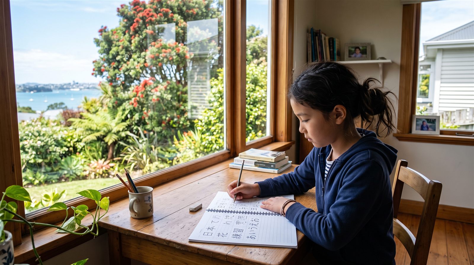 A Japanese-New Zealander child writing Japanese at a supplementary school desk in Auckland
