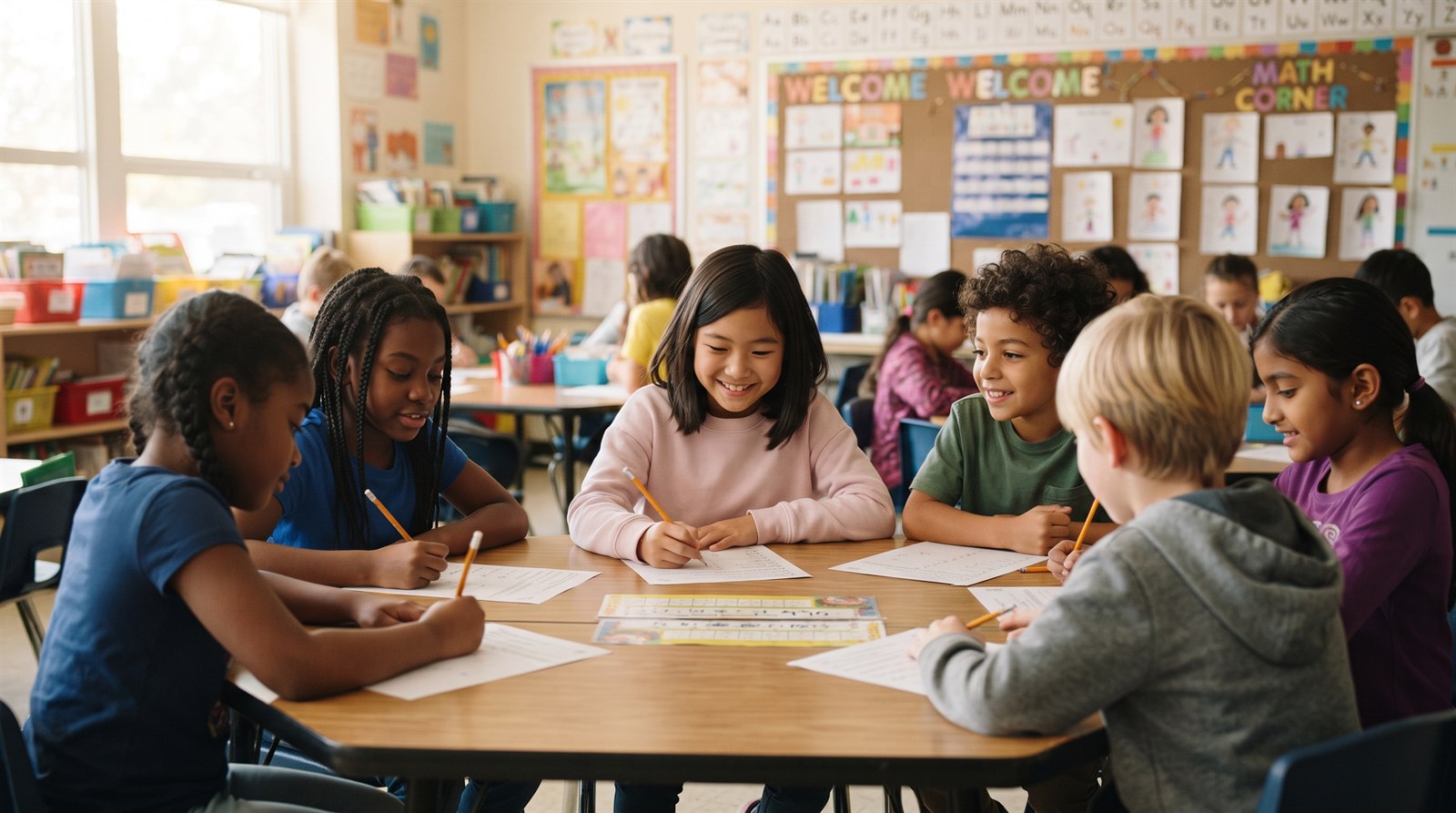 アメリカの小学校の教室で、机に向かって学習する日本人の女の子と現地の同級生たち