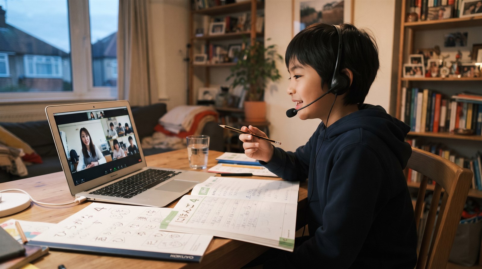 自宅のリビングでノートパソコンに向かい、オンライン授業で日本語の文章を読む小学生の男の子