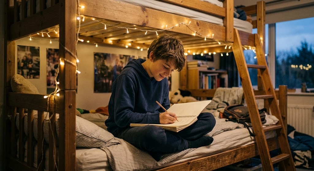 A boy sitting cross-legged on the top bunk of a bunk bed writing in a notebook under warm string lights