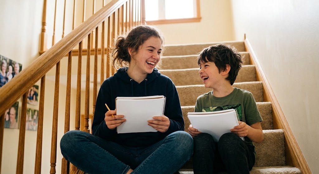 A teenage sister and younger brother sitting on an indoor staircase with open notebooks, laughing together