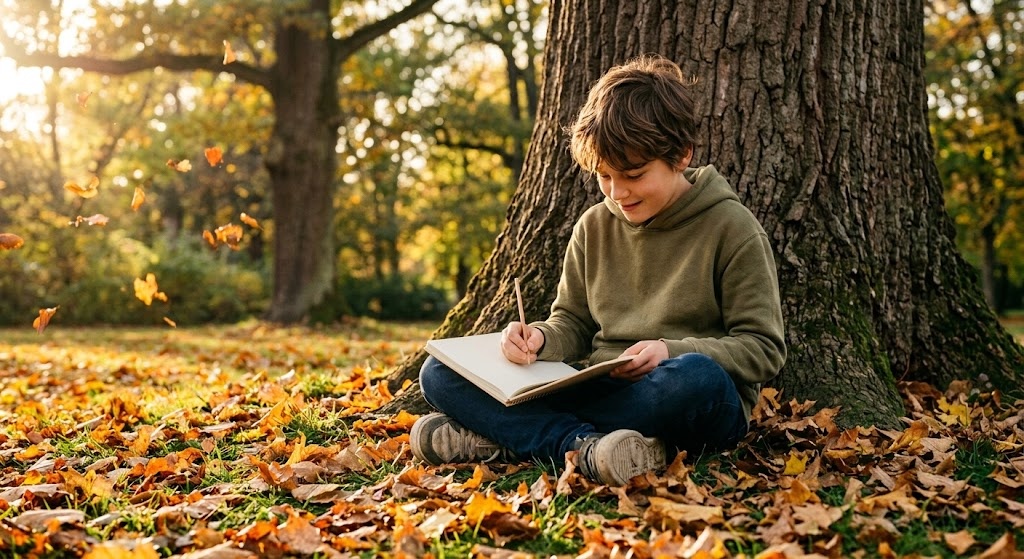 A boy sitting on the grass under a tree in a park in autumn, writing in an open notebook