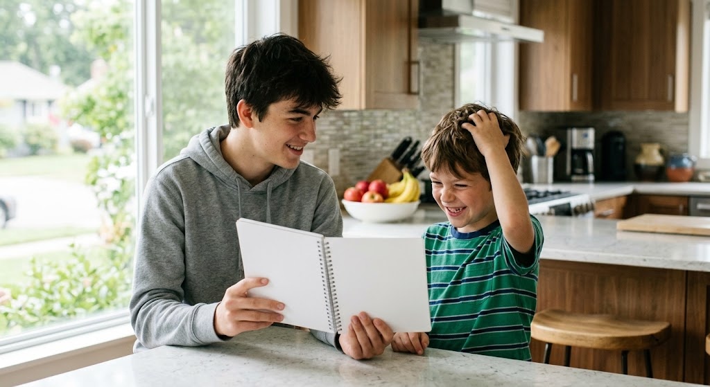 Two brothers at a kitchen island, the older one holding up a notebook to quiz the younger one