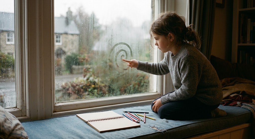 A young girl kneeling on a window seat drawing with her fingertip on a fogged-up window on a rainy day