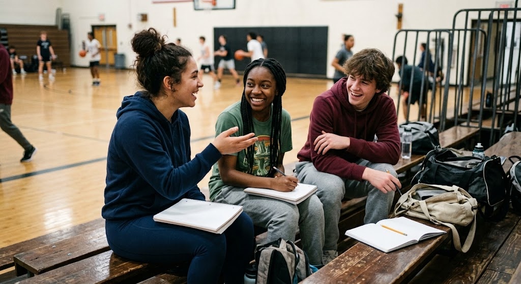 Three friends sitting on gym bleachers with open notebooks and sports bags beside them