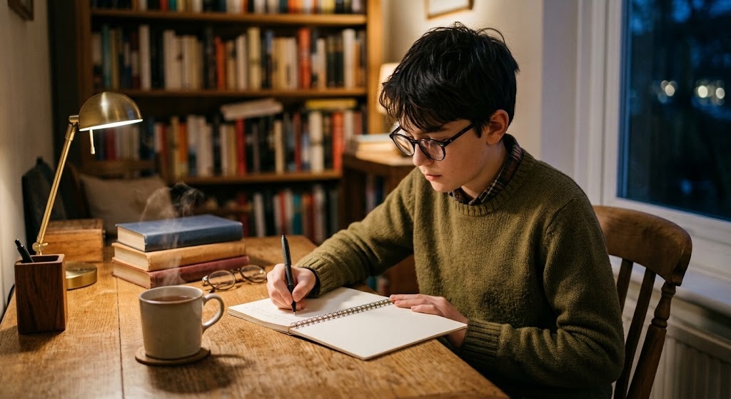 A calm boy in round glasses writing neatly in a notebook at a tidy wooden desk under soft lamplight