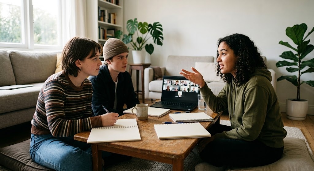 Three teenage friends sitting on gymnasium bleachers with open notebooks, one gesturing mid-conversation