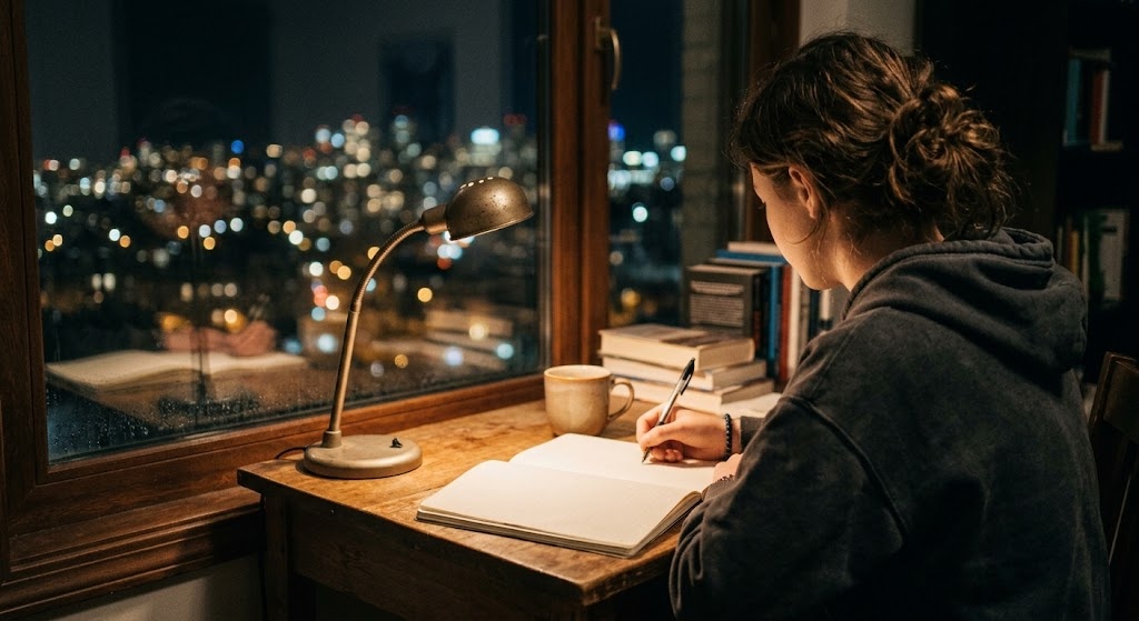 A teenager writing in a notebook at a desk by a window at night, city lights glowing softly outside