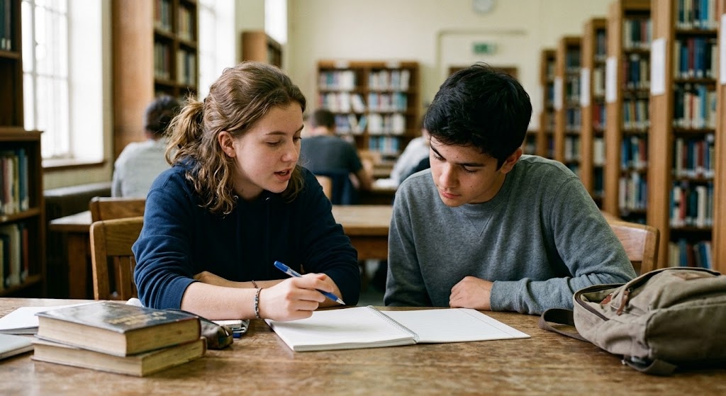 Two teenagers at a library table, one explaining something in an open notebook to the other