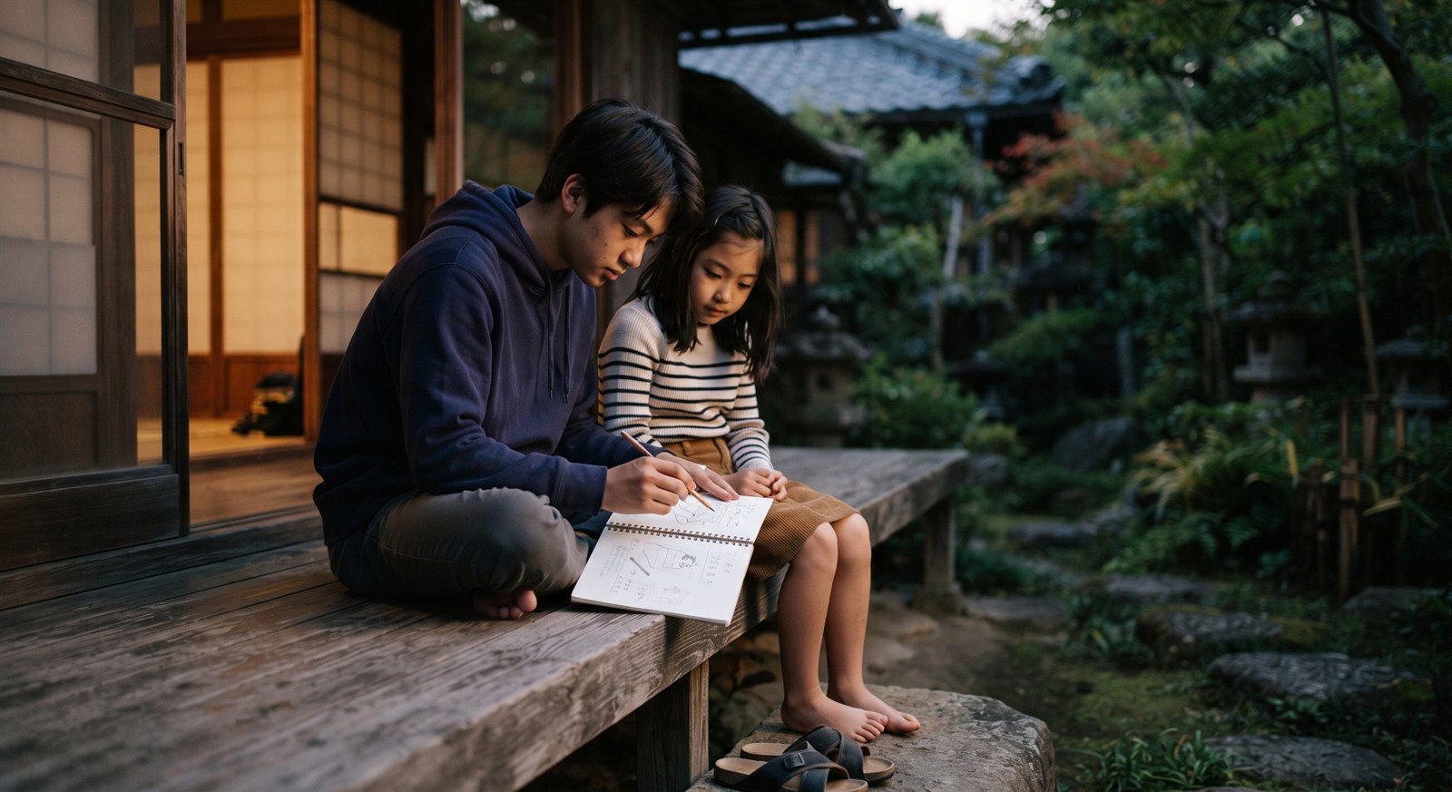 An older brother and a younger sister sitting on the edge of a wooden veranda at dusk with an open notebook between them