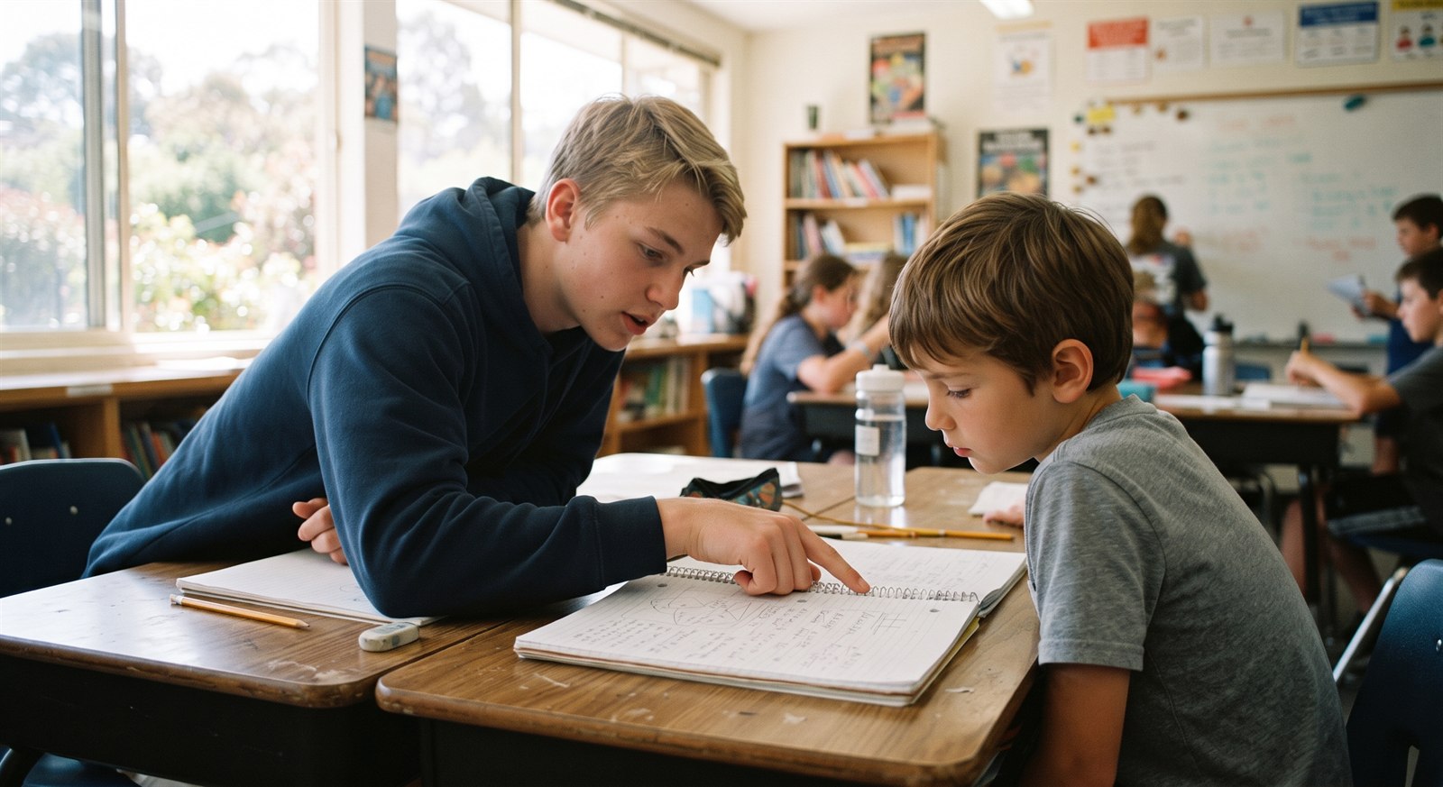 A teenage boy leaning across a table to explain something in an open notebook to a younger boy in a bright classroom