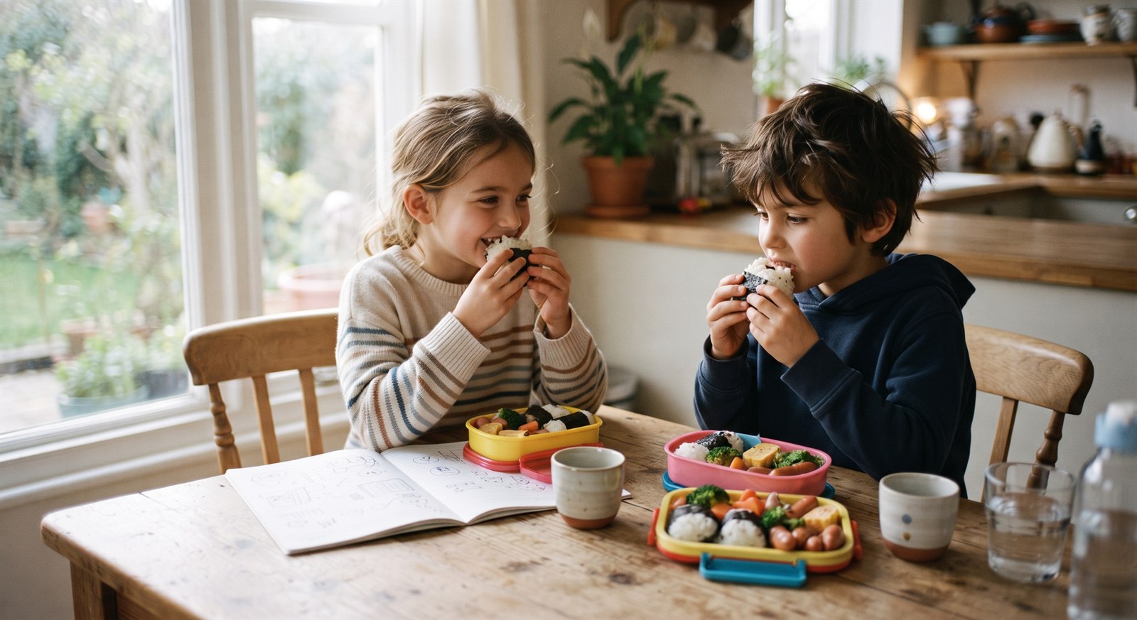 Two children eating rice balls at a kitchen table with a Japanese textbook open beside their lunch boxes