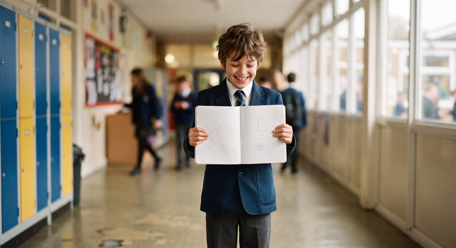 A boy standing in a school corridor holding an open notebook up with both hands and grinning