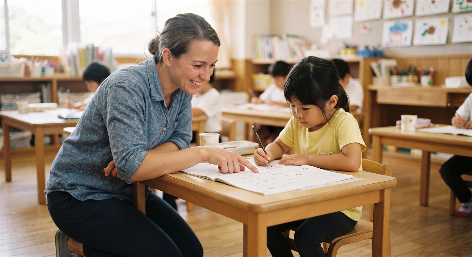 A teacher kneeling beside a child at a low desk pointing at a page while the child writes