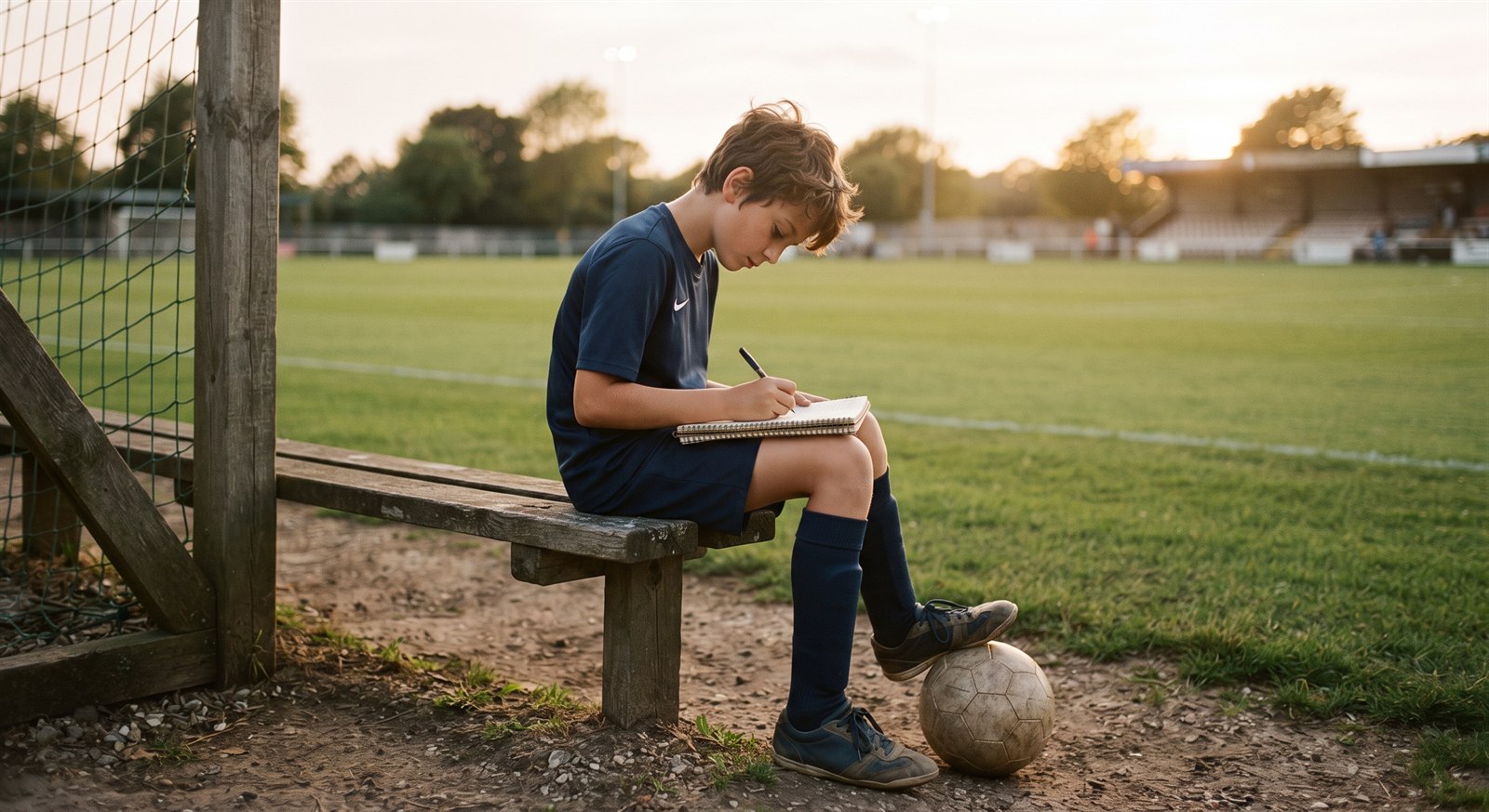 A boy in a football kit sitting on a pitch-side bench writing in a notebook with a ball at his feet