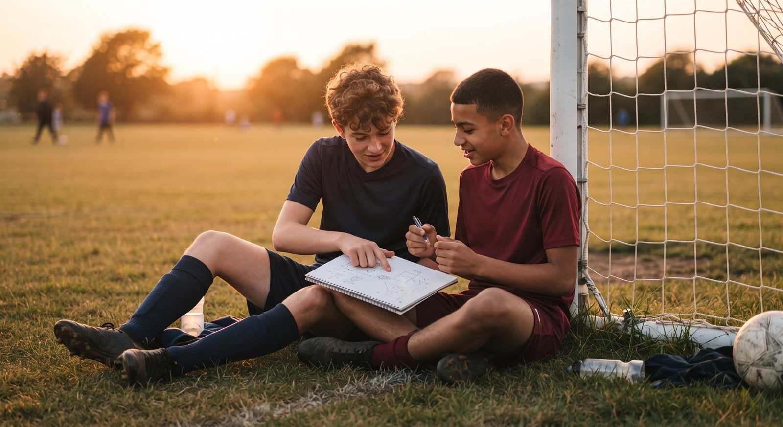Two teenagers sitting on the grass beside a goal post comparing notes in a notebook after training