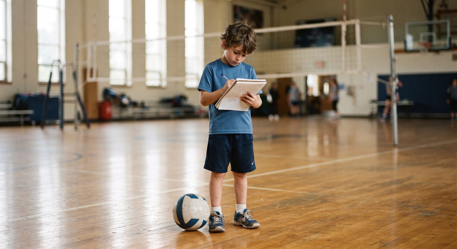 A short boy in a gym uniform standing on a wooden gymnasium floor writing in a notebook with a volleyball beside him