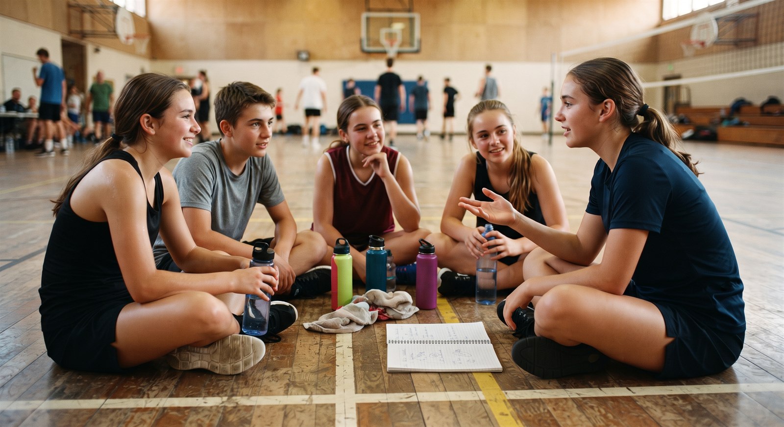 Six teenagers in sports kit sitting in a circle on a gym floor with water bottles and an open notebook in the middle