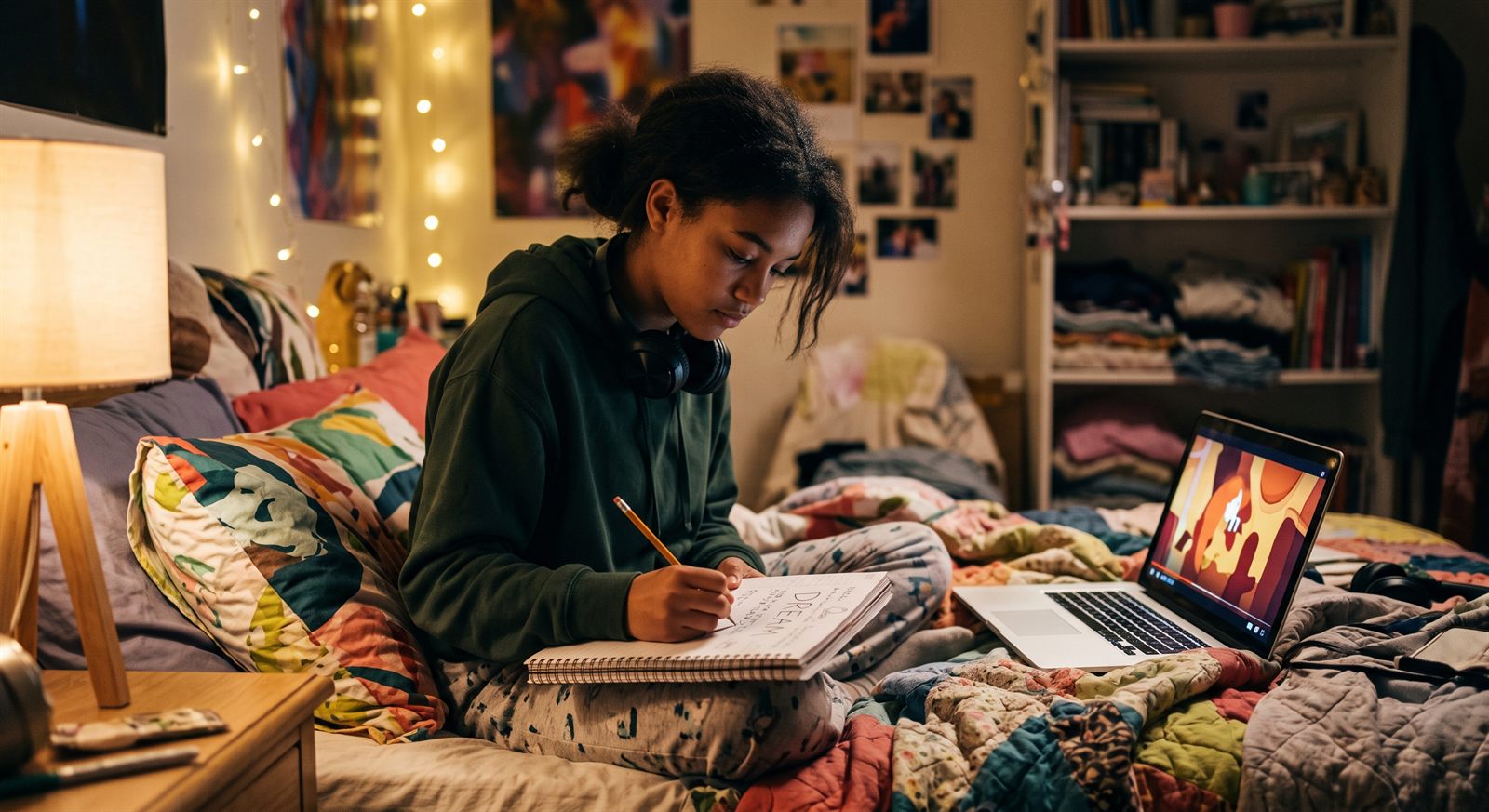 A teenage learner watching anime on a laptop with Japanese subtitles and writing new words into a notebook