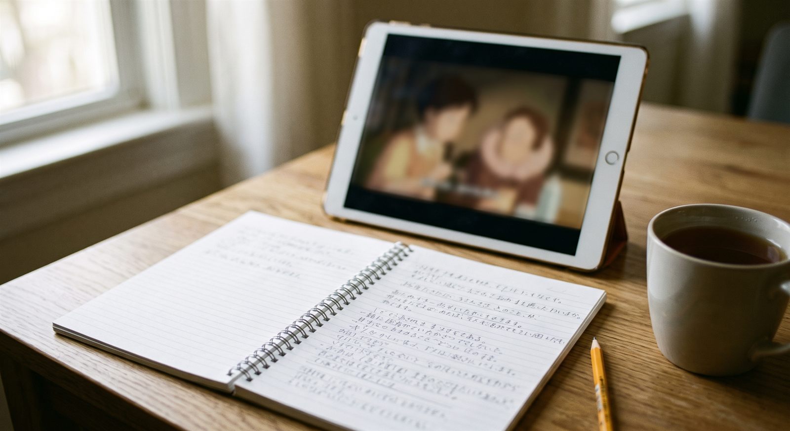A learner's notebook page of Japanese sentences copied from anime subtitles, beside a tablet