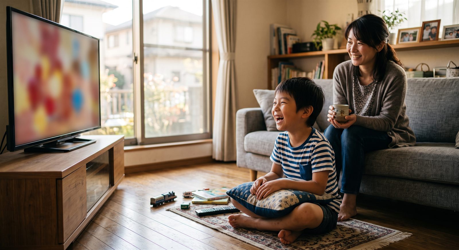 A young boy laughing at a Japanese cartoon on television while his mother watches from the sofa