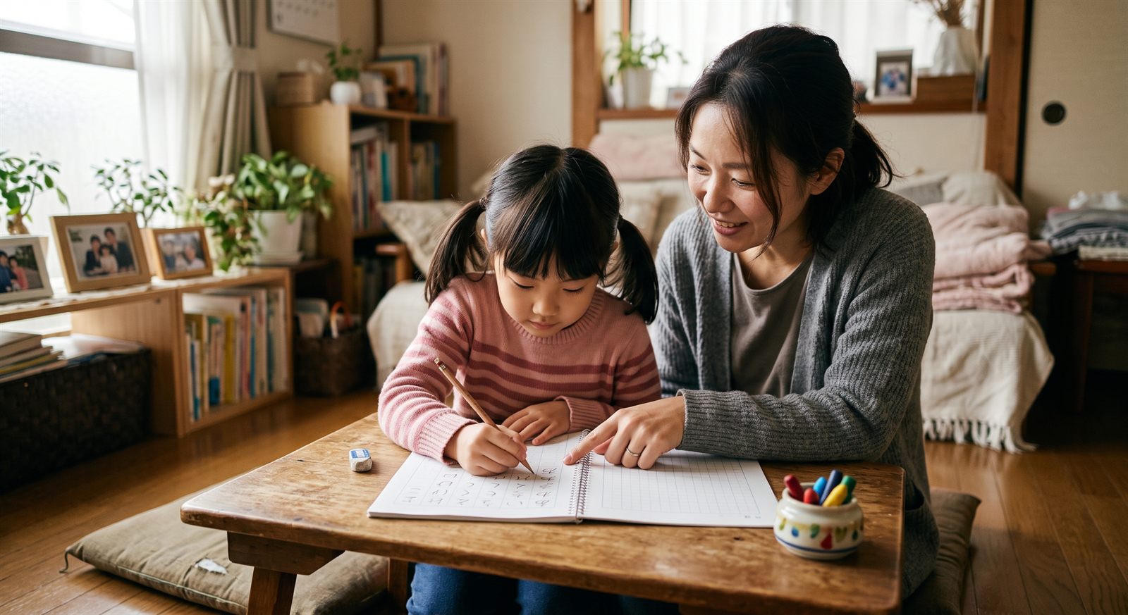 A child and a parent sitting together at a low table, talking about words from a Japanese cartoon