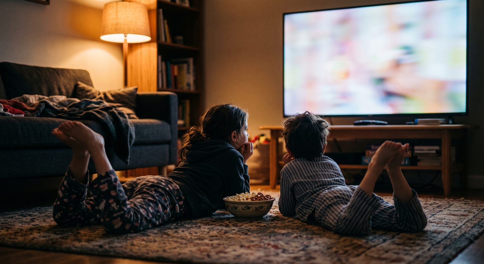 Two children lying on a rug at home in the evening, absorbed in watching a Japanese animated film