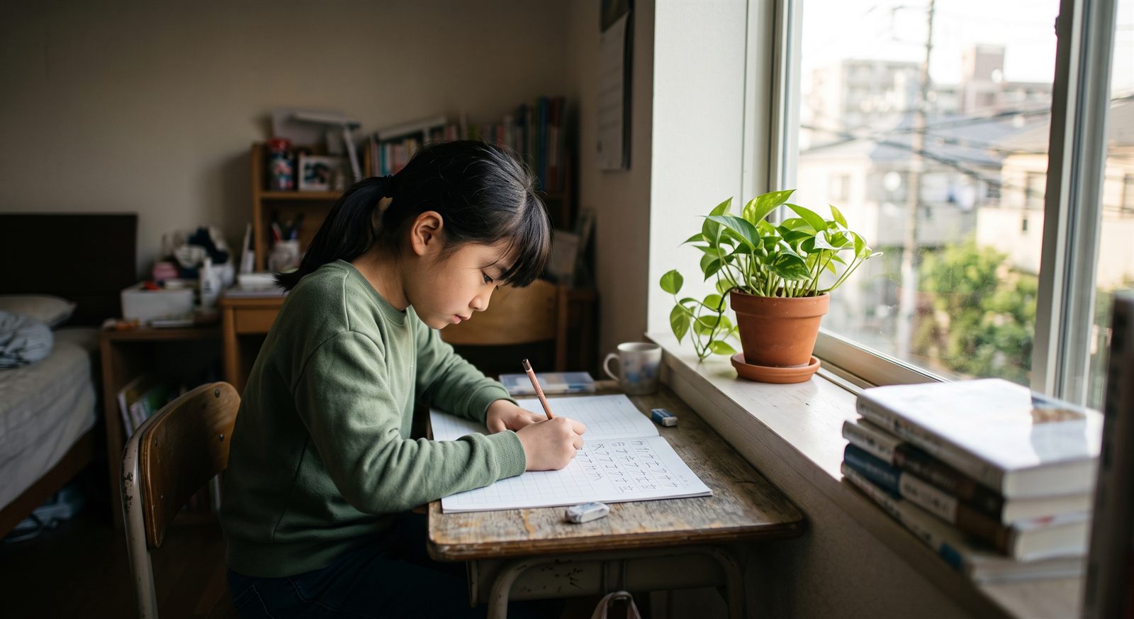 A girl copying kanji characters onto squared practice paper at a desk by a window