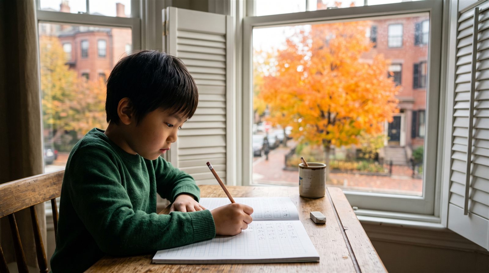 A child in Greater Boston working through Japanese textbooks at a Saturday school desk