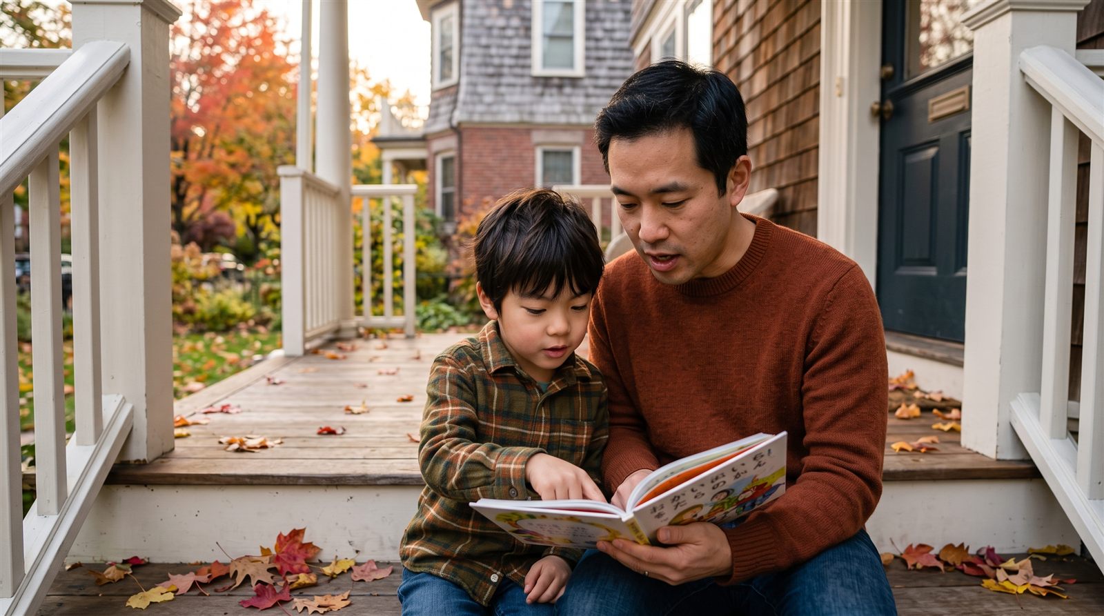 A New England family on the porch with a laptop during an evening online Japanese lesson
