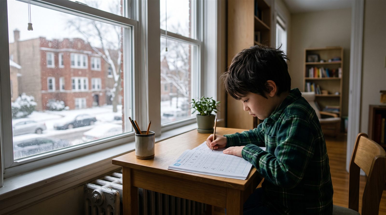 A child in Chicago working through a Japanese textbook at a school desk