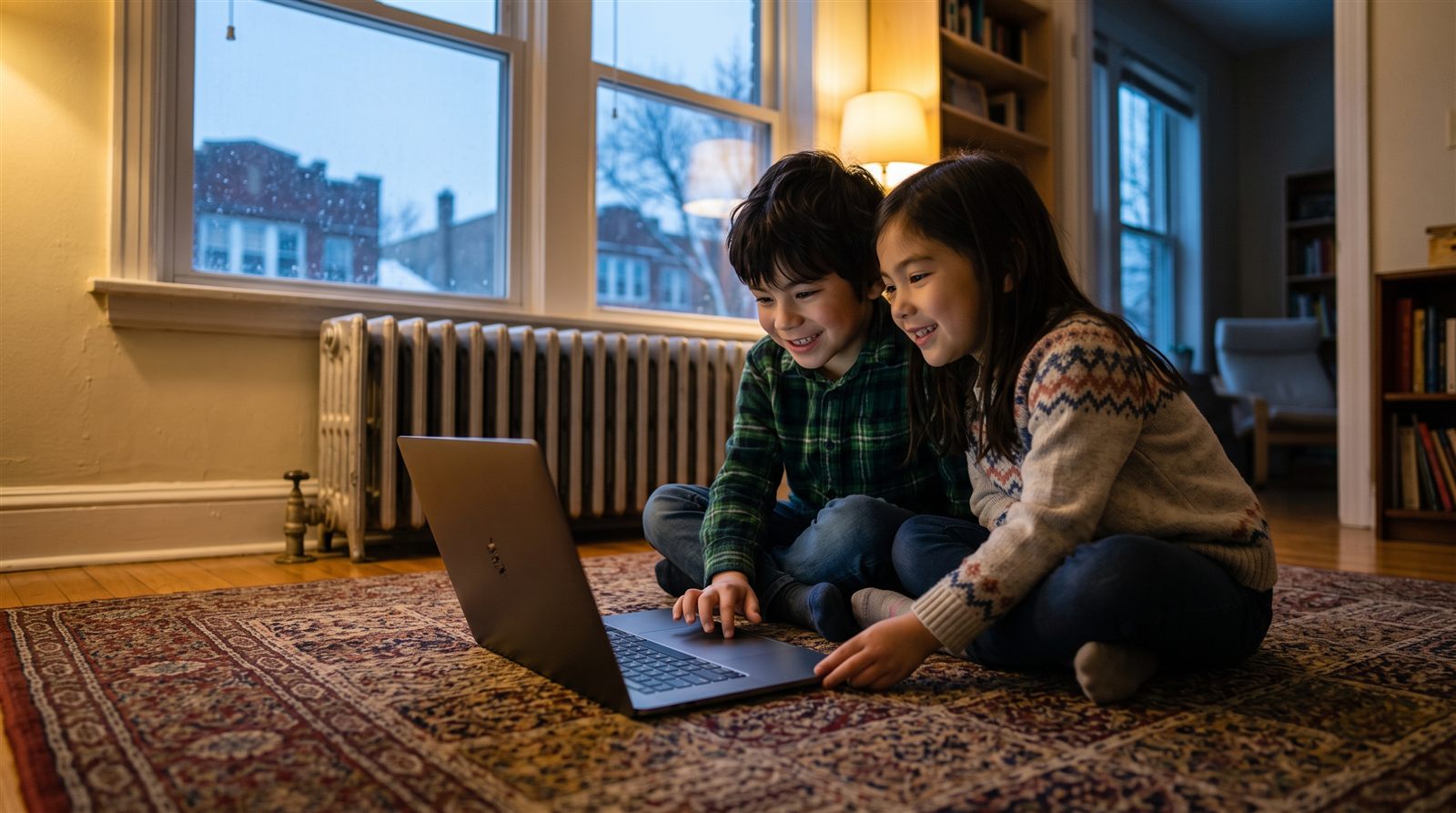 Two siblings in Chicago sharing a laptop during an evening online Japanese class
