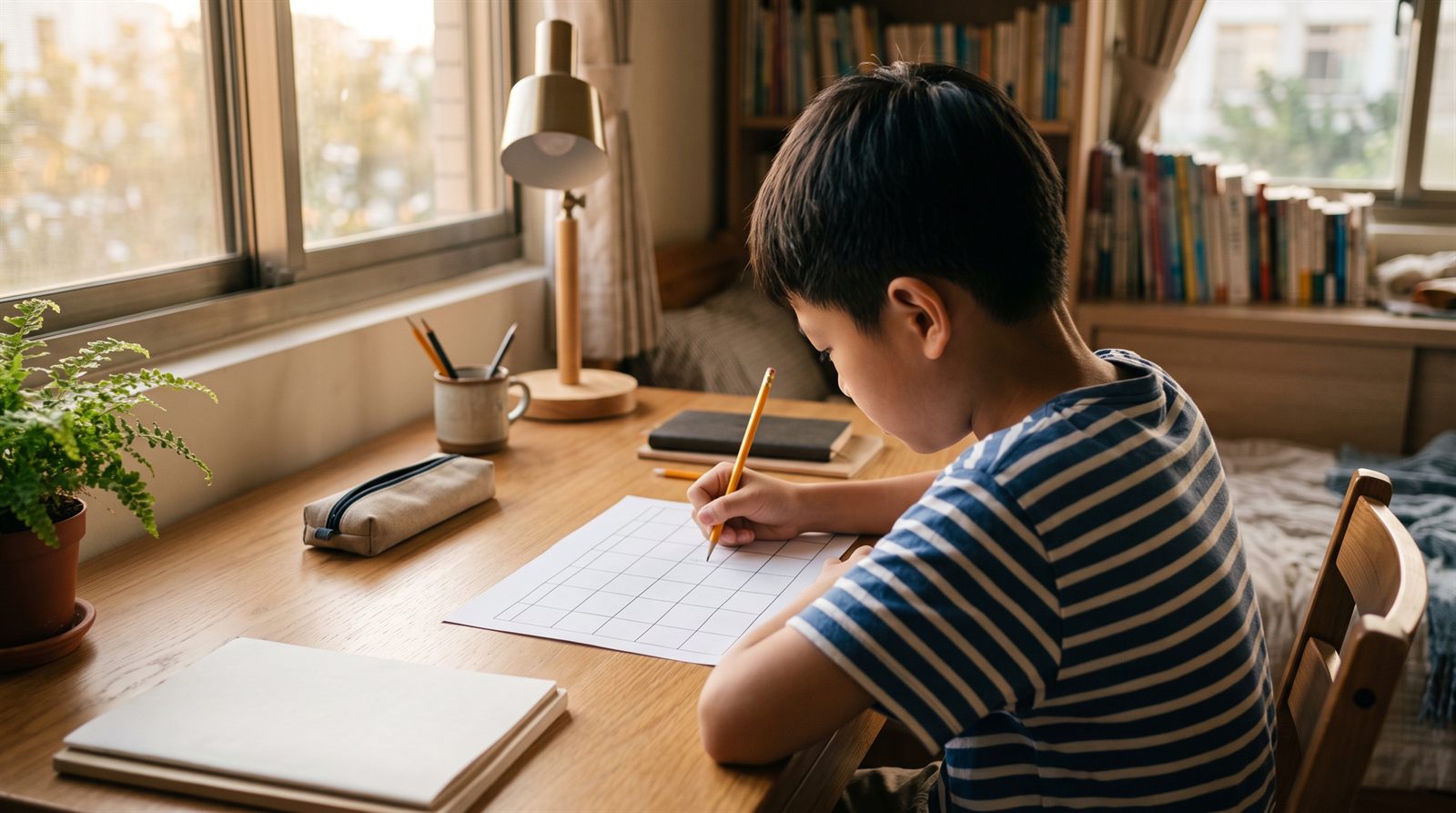 孩子在書桌前填寫一週的課表，正在練習日文的星期說法