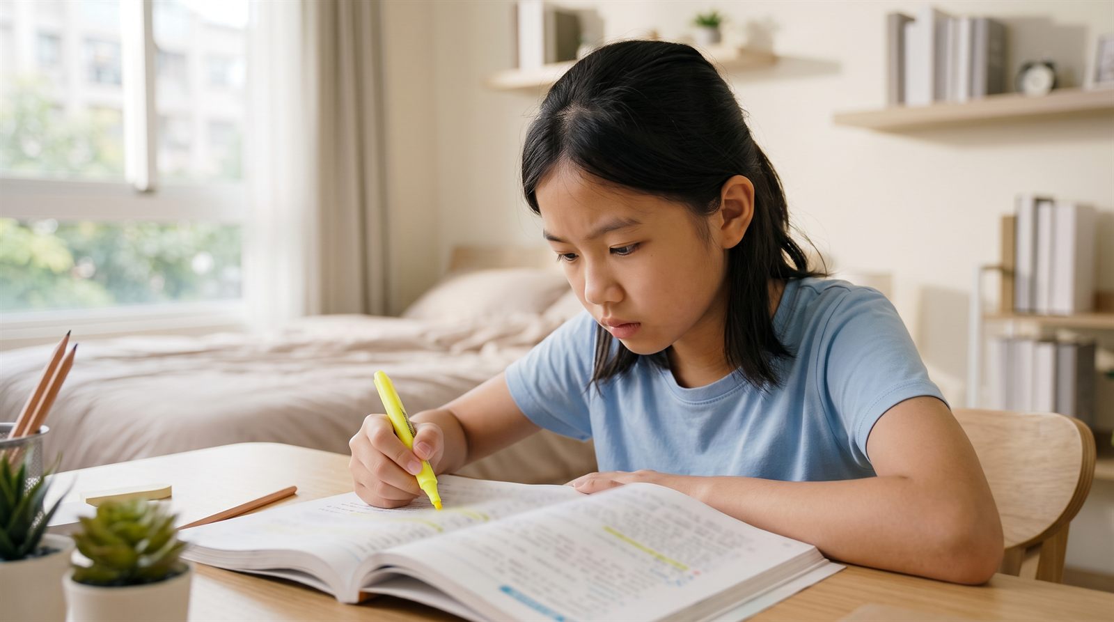 孩子坐在書桌前翻著日文單字書，手上拿著螢光筆畫重點