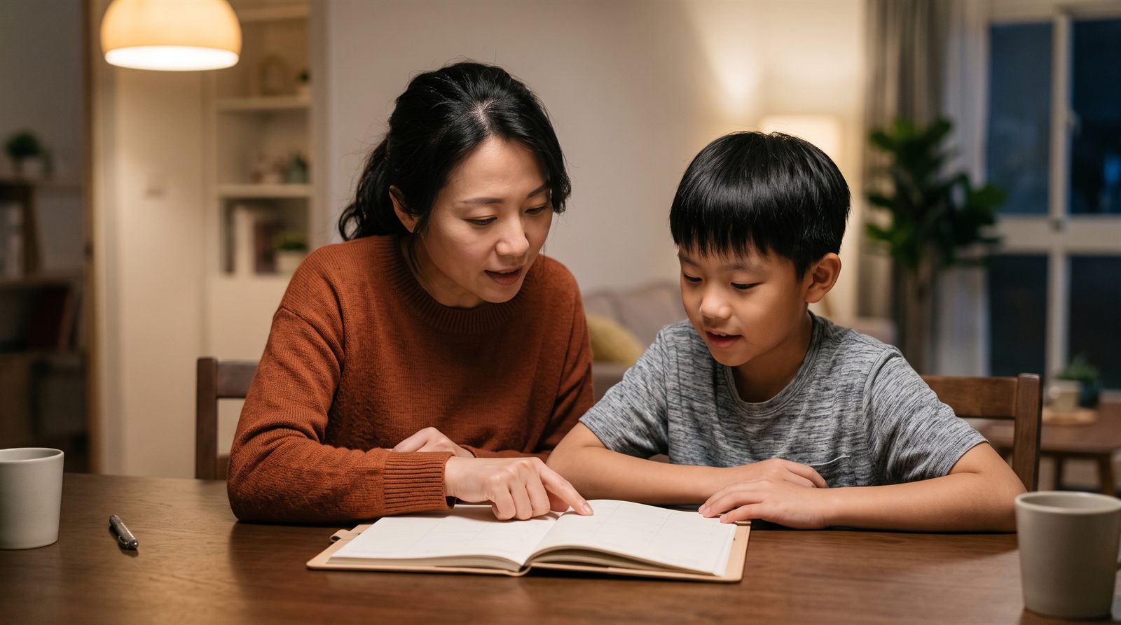 家長和孩子並排坐在餐桌前，一起看著行事曆討論學習計畫