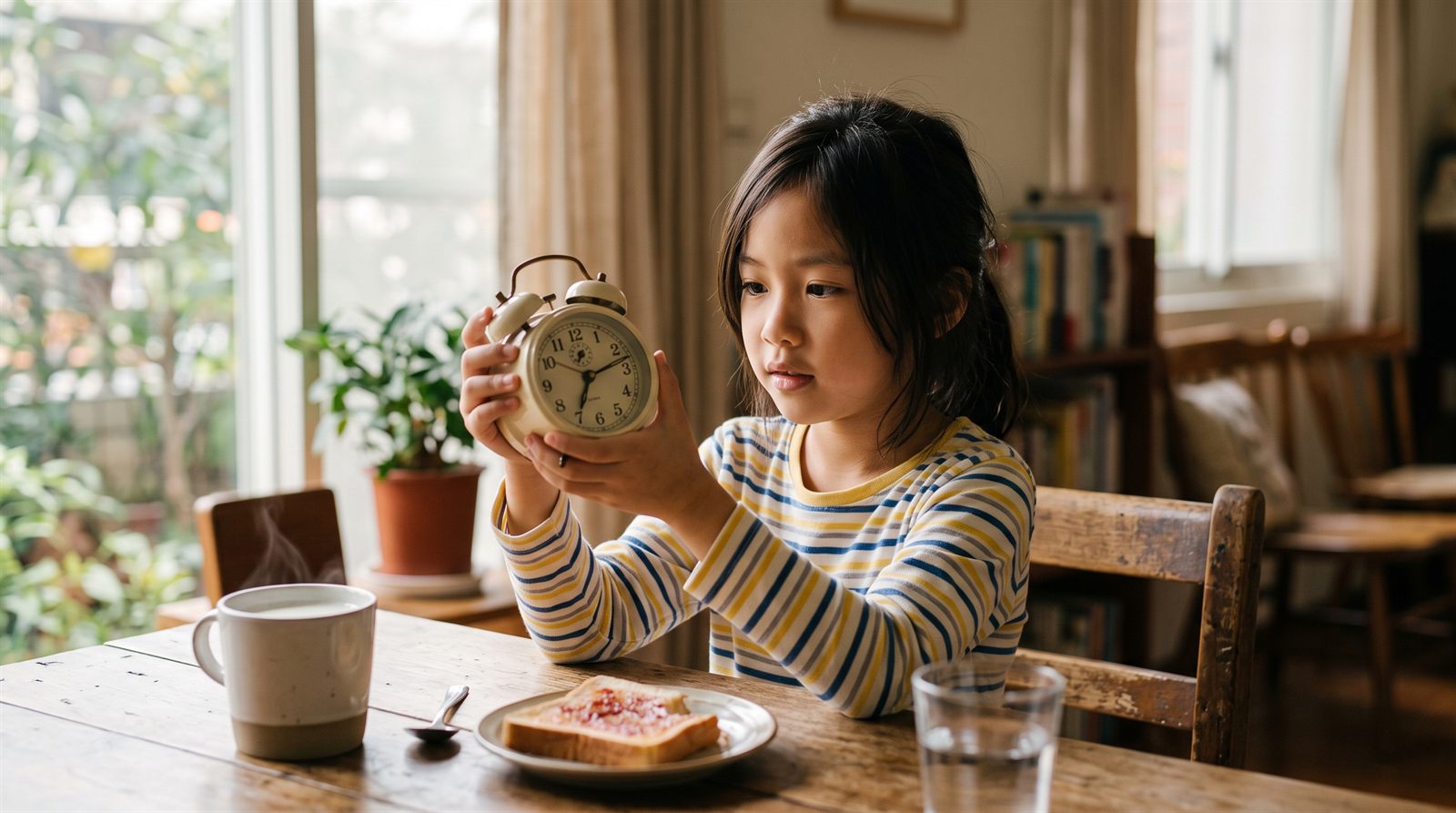 孩子看著桌上的時鐘，一邊用日文練習說現在幾點