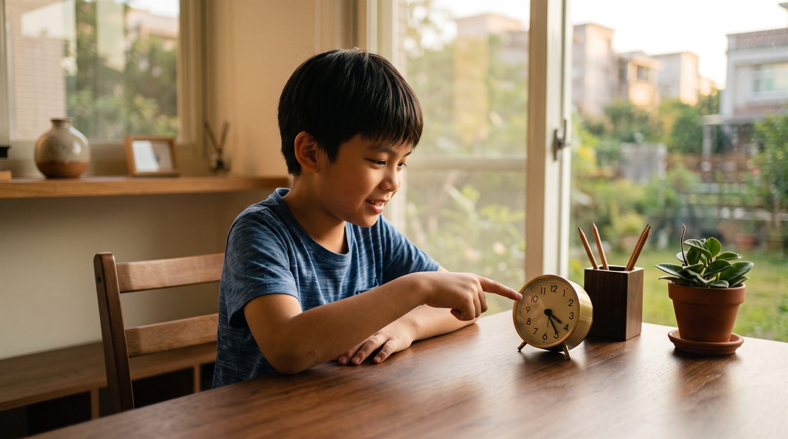 孩子戴著耳機上線上日文課，正在回答現在幾點的問題