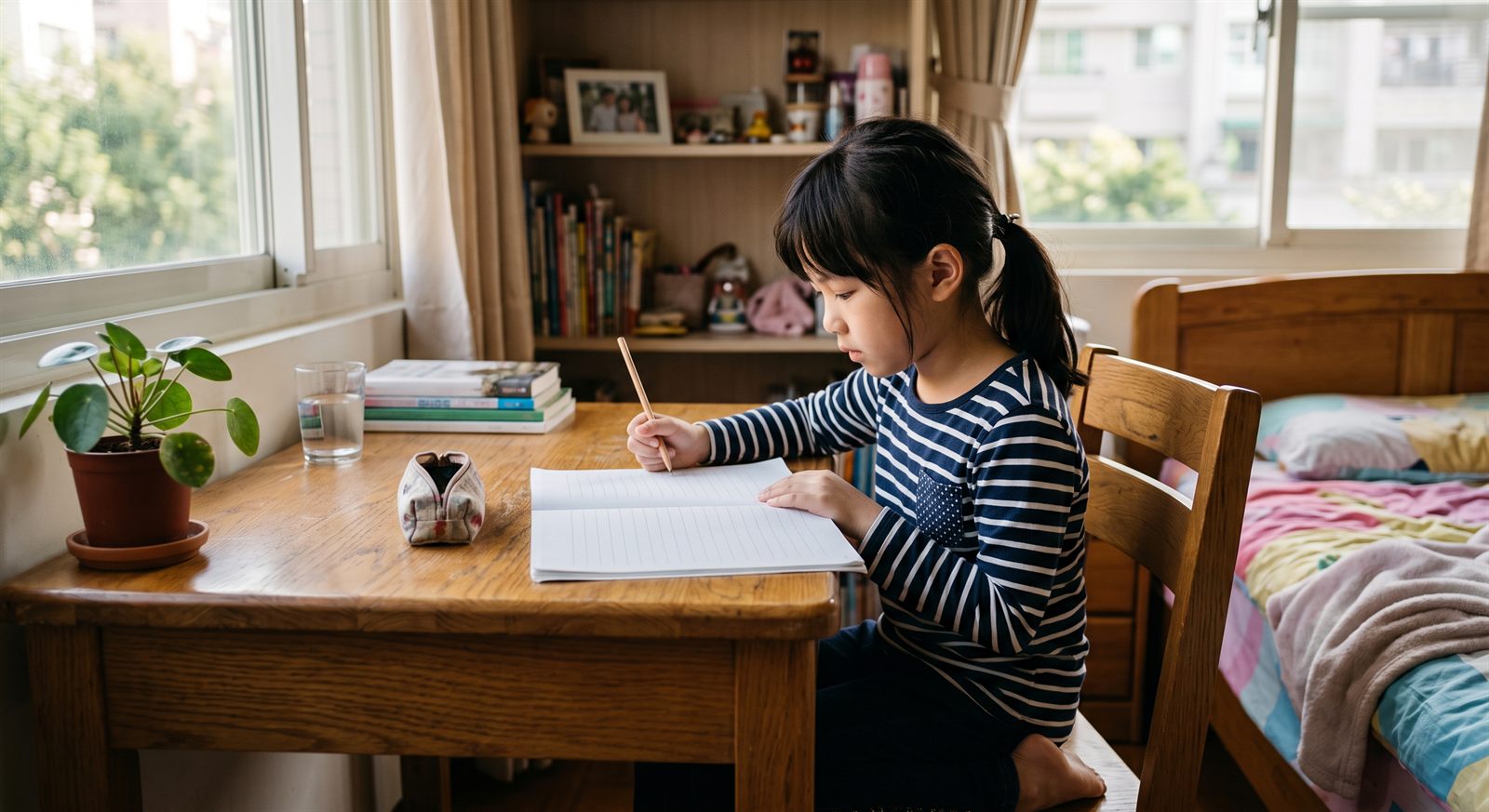 孩子在家中书桌前自己看着日语教材学习
