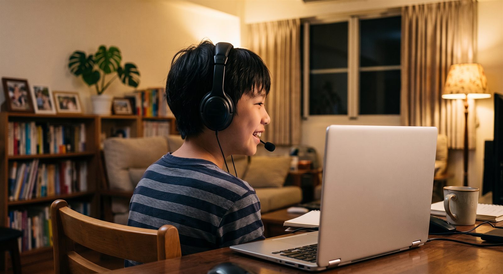 孩子在家用笔记本电脑上在线日语小组课,和同学一起开口练习