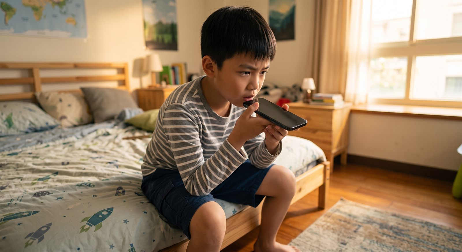 孩子用手机录下自己说的日语,再放来听
