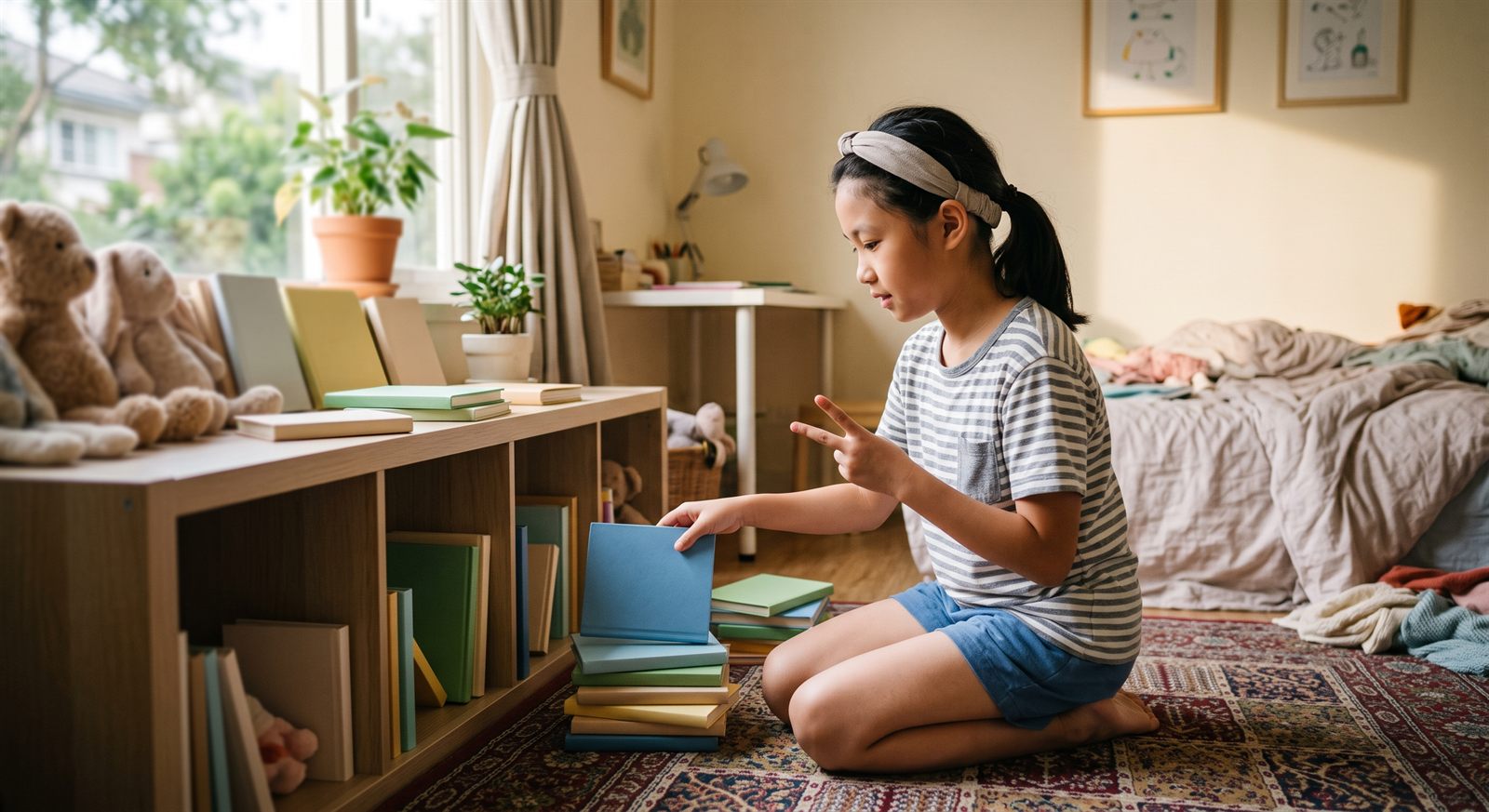孩子一边整理书架一边用手指数着书本的数量