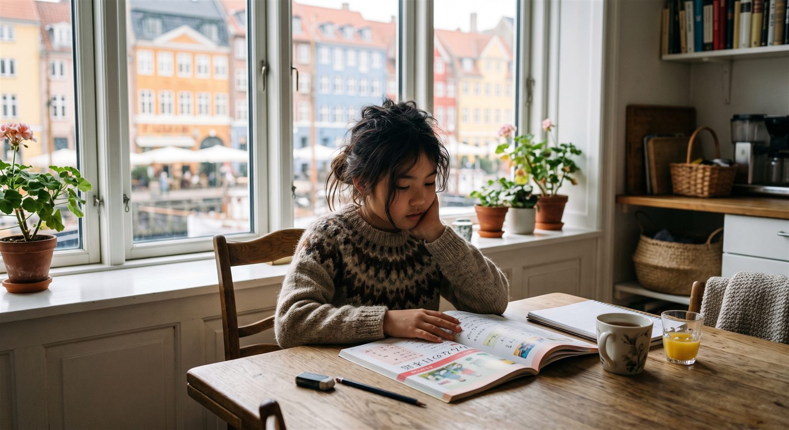 A child in Copenhagen reading a Japanese textbook at home on a Saturday morning