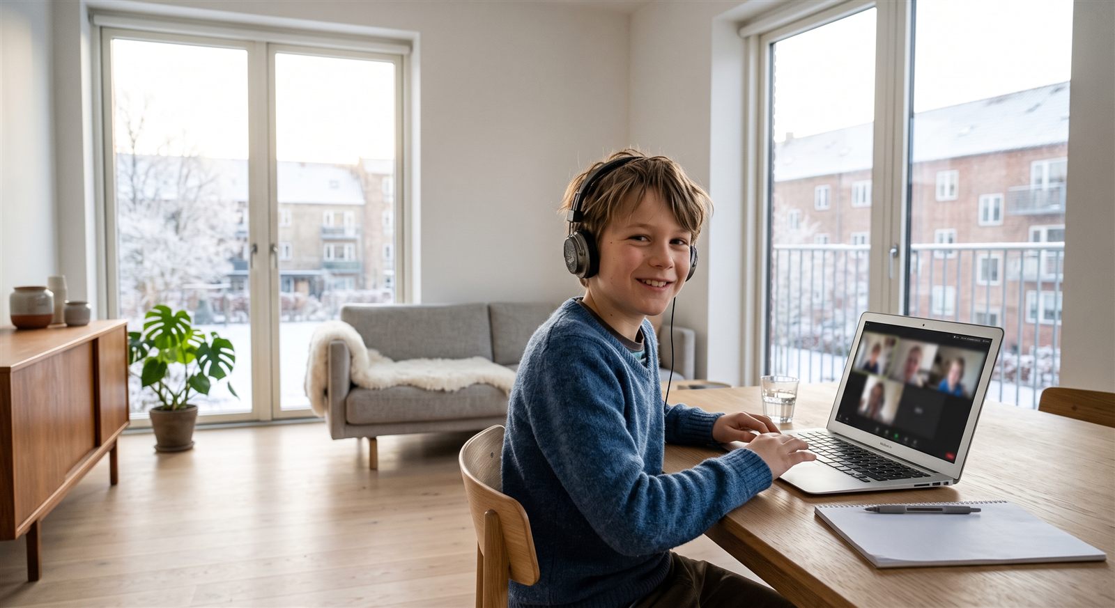 A child in Denmark joining an online Japanese class with friends in Japan on a Sunday morning