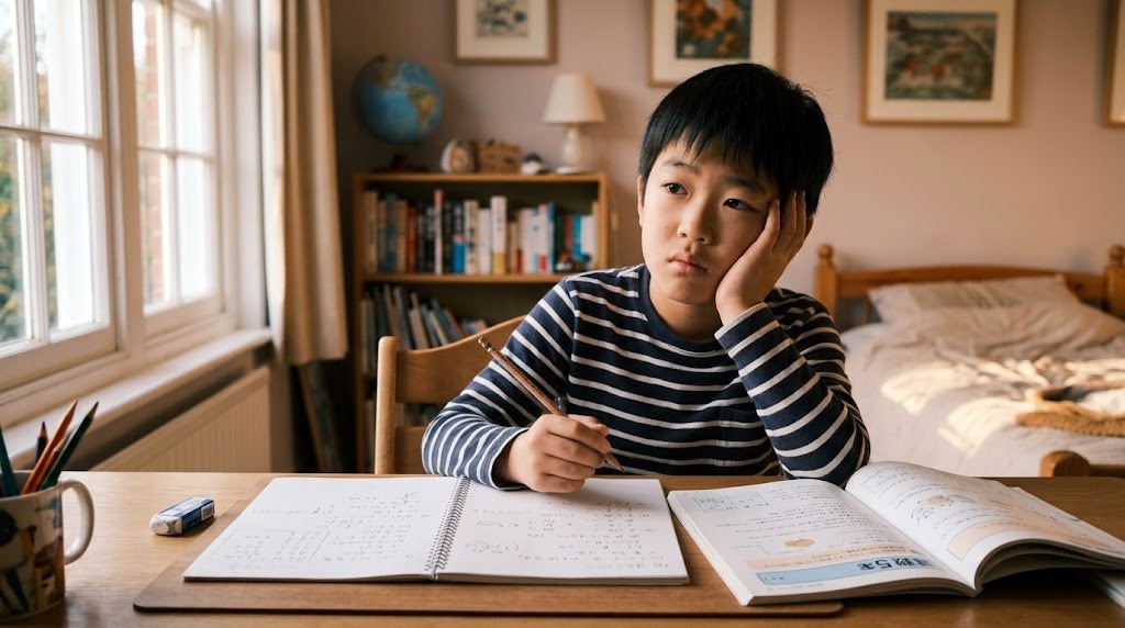 海外の子ども部屋の机で、小学生の男の子が日本語の教科書を前に手を止めて困った表情をしている様子