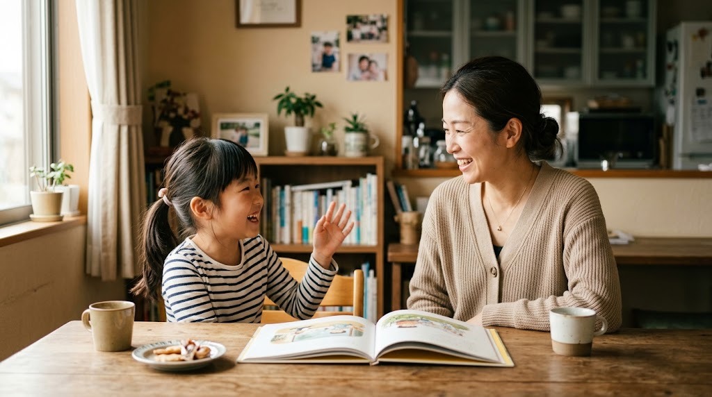家のダイニングテーブルで、母親と小学生の子どもが向かい合って日本語の本を読みながら話している様子