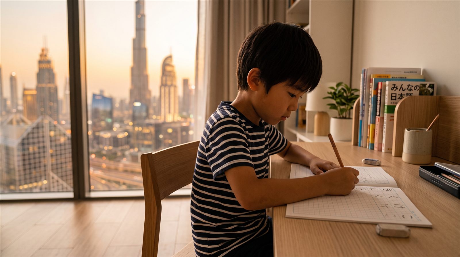 A Japanese child studying at a desk in Dubai