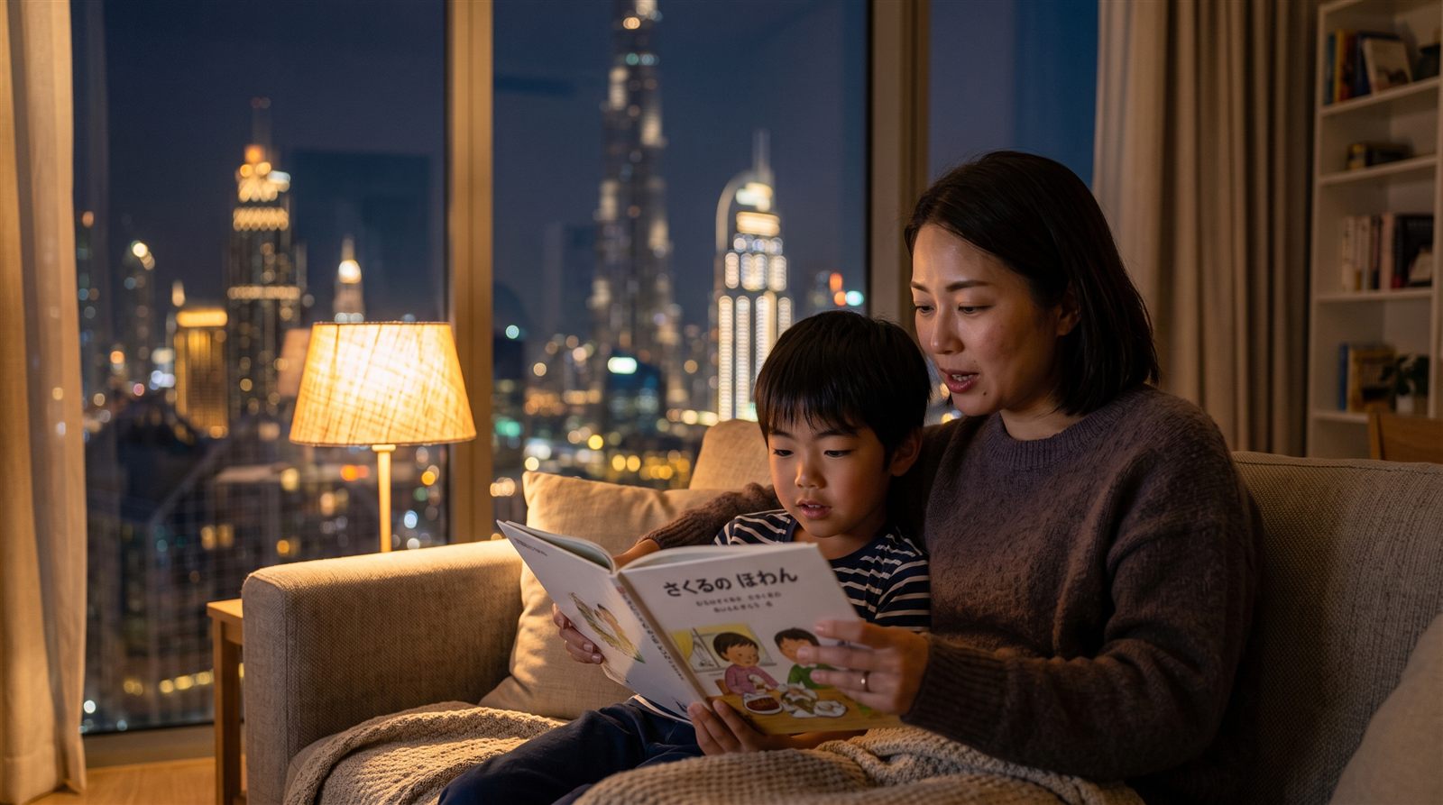 A Dubai parent and child at a laptop during an online Japanese lesson