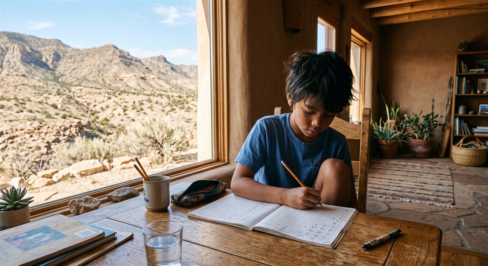 A child in El Paso practising Japanese writing at home with the Franklin Mountains through the window