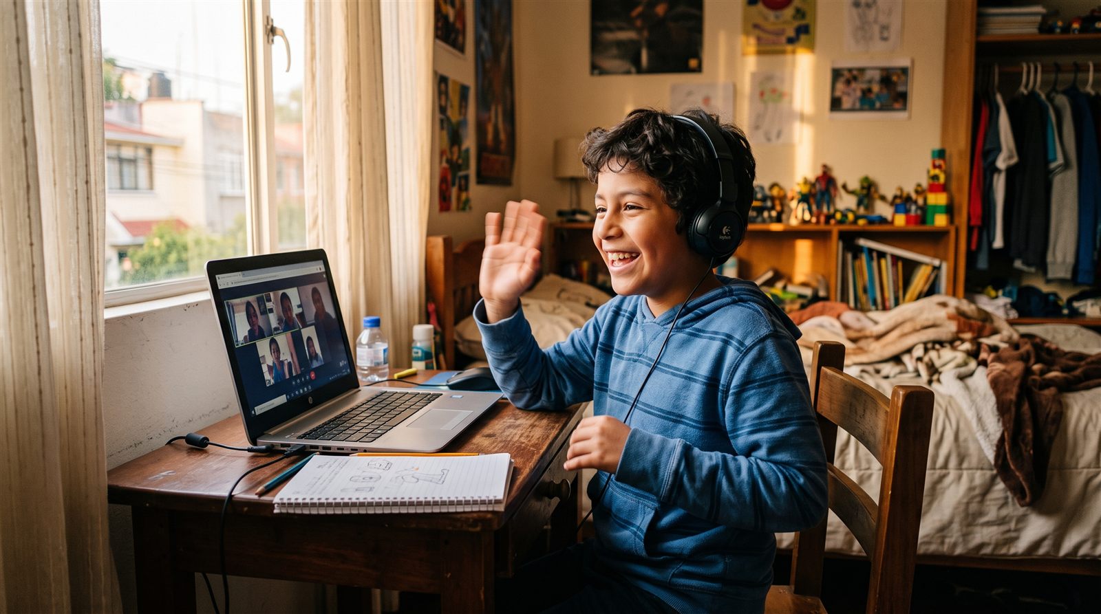 Madre latinoamericana comparando opciones de academias de japonés en su computadora portátil en la cocina de su casa, con apuntes a mano